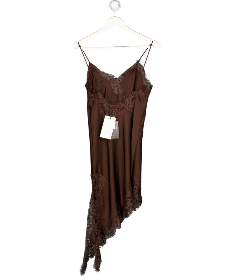 ZARA Chocolate Brown Asymmetric Satin & Lace Slip Dress UK XS
