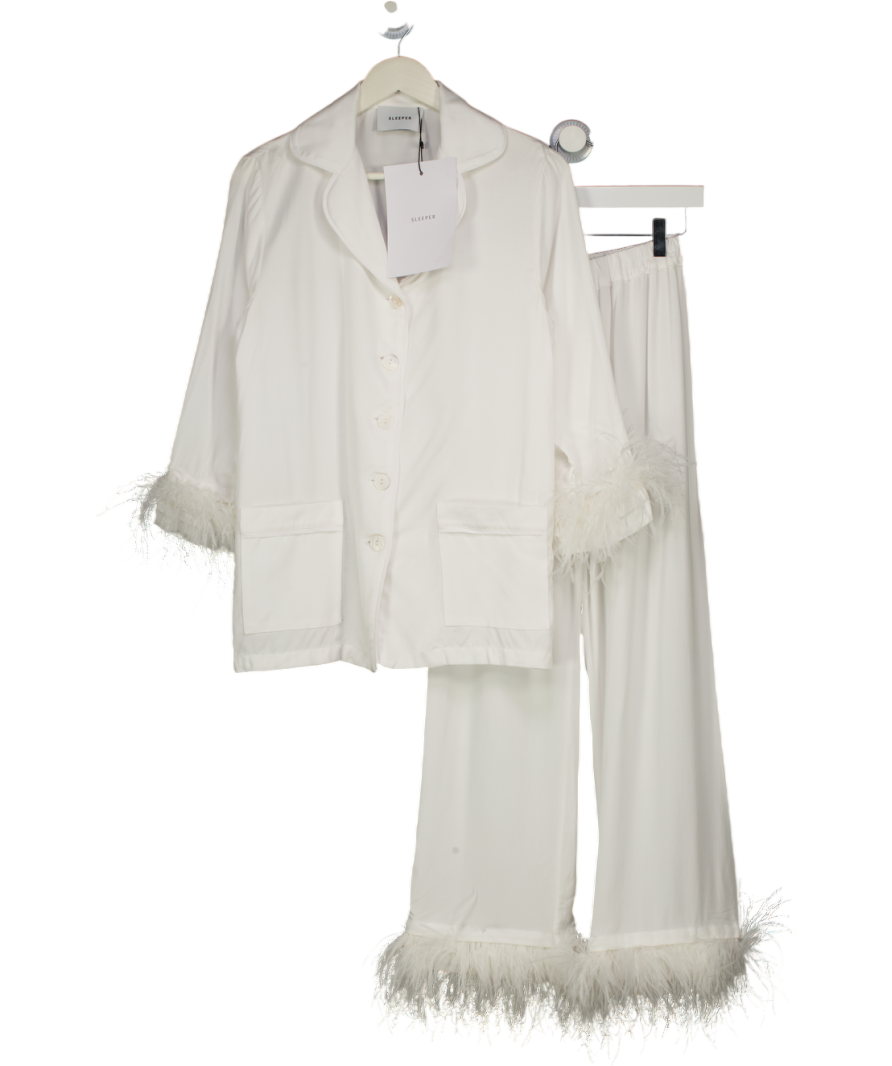 SLEEPER White Party Feather-trimmed Crepe De Chine Pyjama Set UK XS