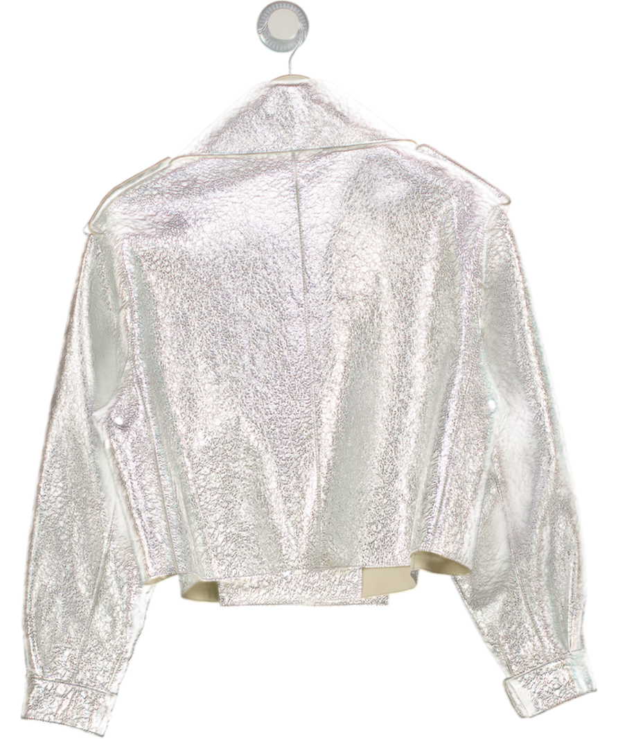 JANE & TASH Metallic Silver Oversize Leather Jacket UK S