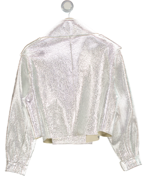 JANE & TASH Metallic Silver Oversize Leather Jacket UK S