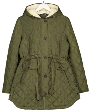 French Connection Green Quilted Drawstring Jacket With Borg Lined Hood UK L
