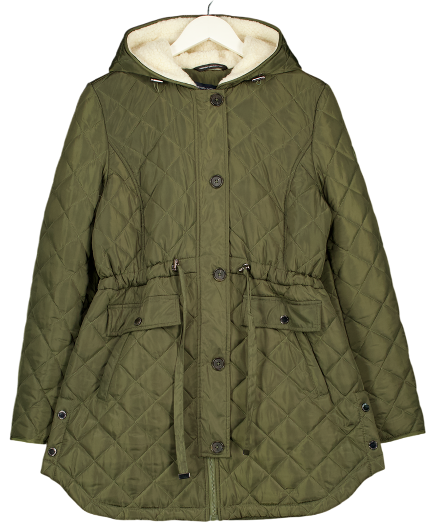 French Connection Green Quilted Drawstring Jacket With Borg Lined Hood UK L