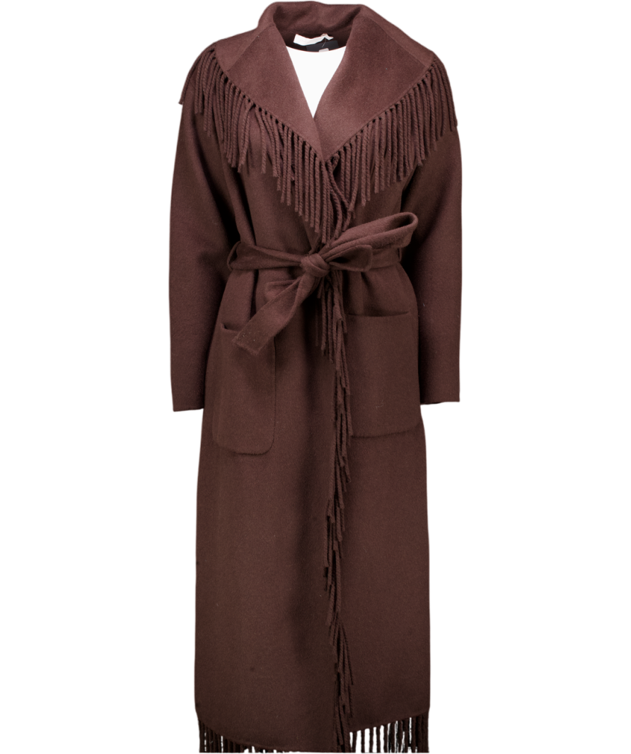 JONATHON SIMKHAI Brown Carrie Fringed Wool-blend Coat UK S