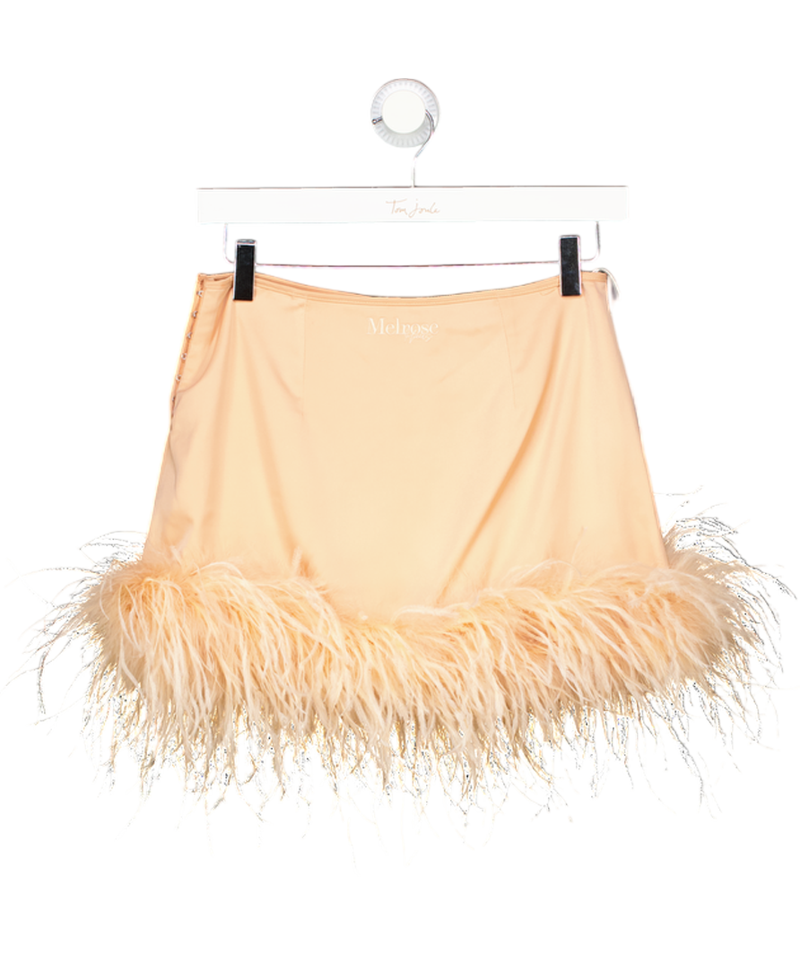 MELROSE HAUS Peach Pink Feather Trim Mini Skirt UK XS