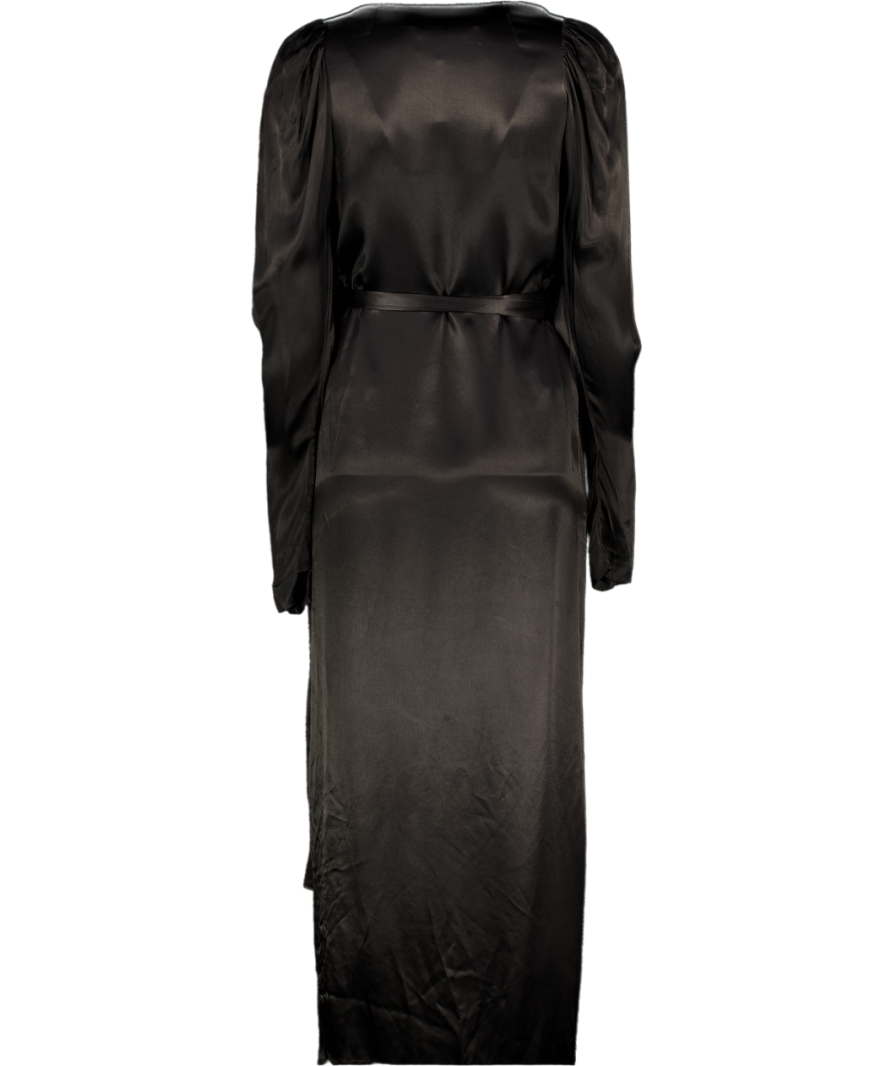 Rotate Birger Christensen Black Puff Sleeve Satin Wrap Midi Dress UK 6