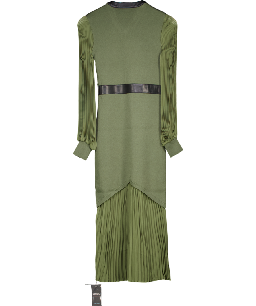 Karen Millen Olive Green Woven Sleeved Pleated Dress With Pu UK XS