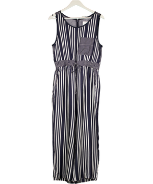 Whistles Navy Blue & White Multi Striped Drawstring Waist Jumpsuit UK M