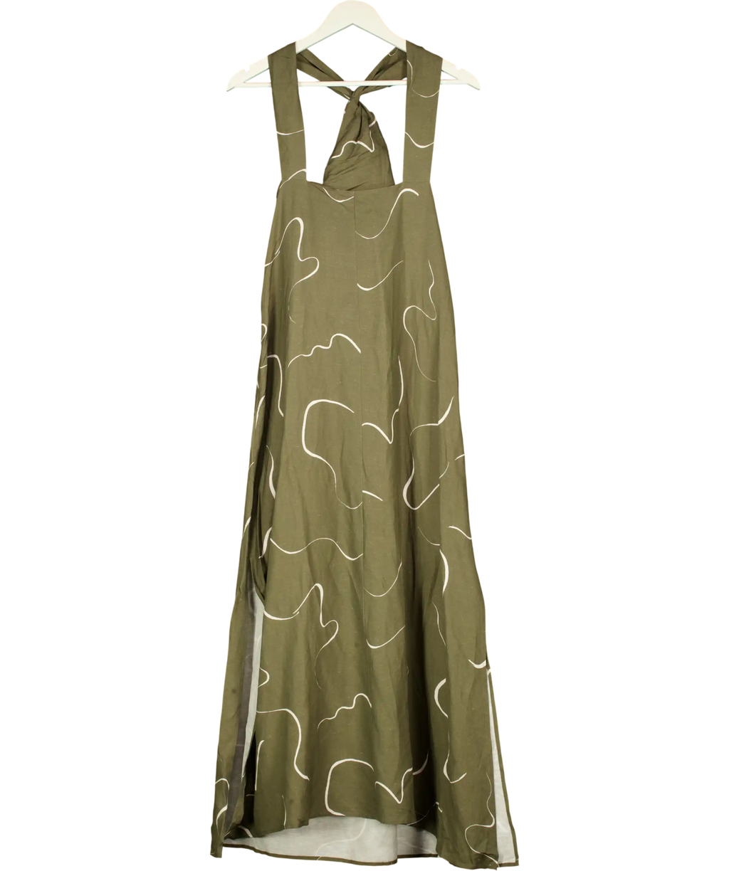 WAT. THE BRAND Khaki Green Print Twist Neck Linen Blend Maxi Dress UK 10