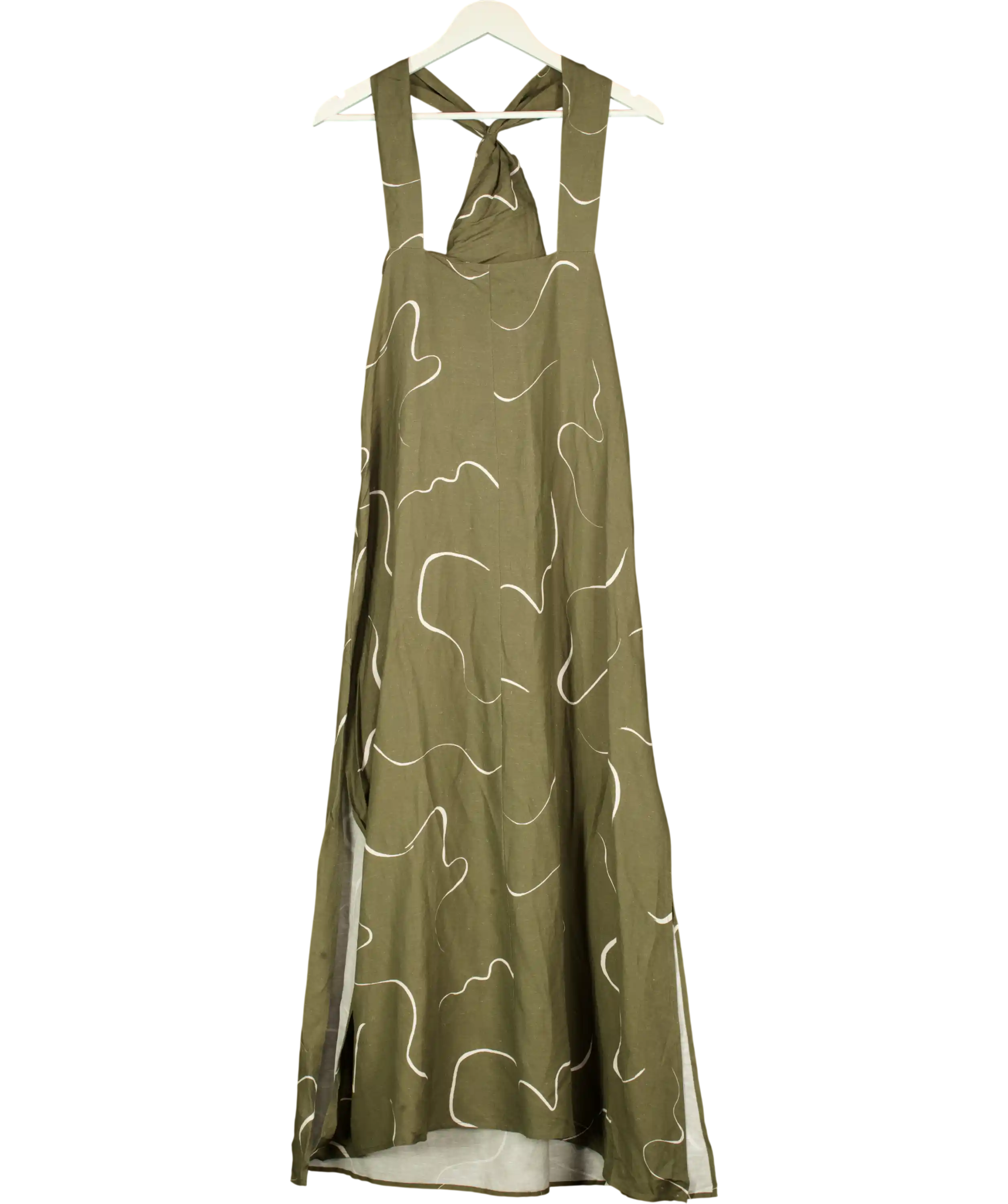 WAT. THE BRAND Khaki Green Print Twist Neck Linen Blend Maxi Dress UK 10