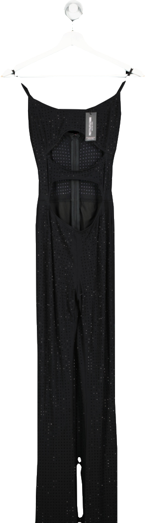 PrettyLittleThing Black Dimante Hot Fix Cut Out Mesh Jump Suit UK 6
