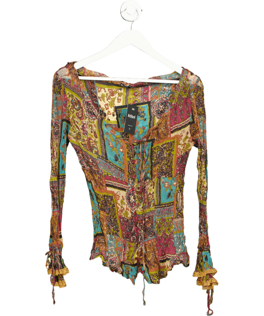 Bandolera Multicoloured Silk Patterned Long Sleeve Top UK 16 - Reliked