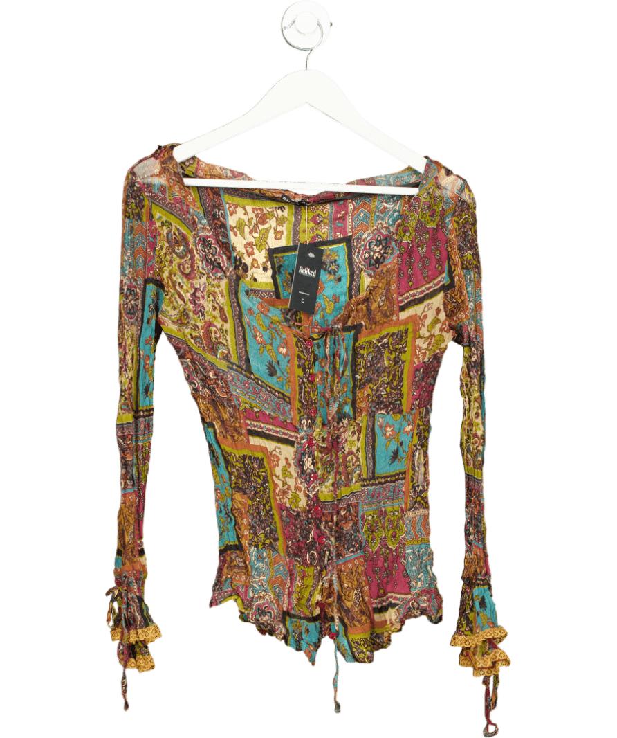 Bandolera Multicoloured Silk Patterned Long Sleeve Top UK 16 - Reliked