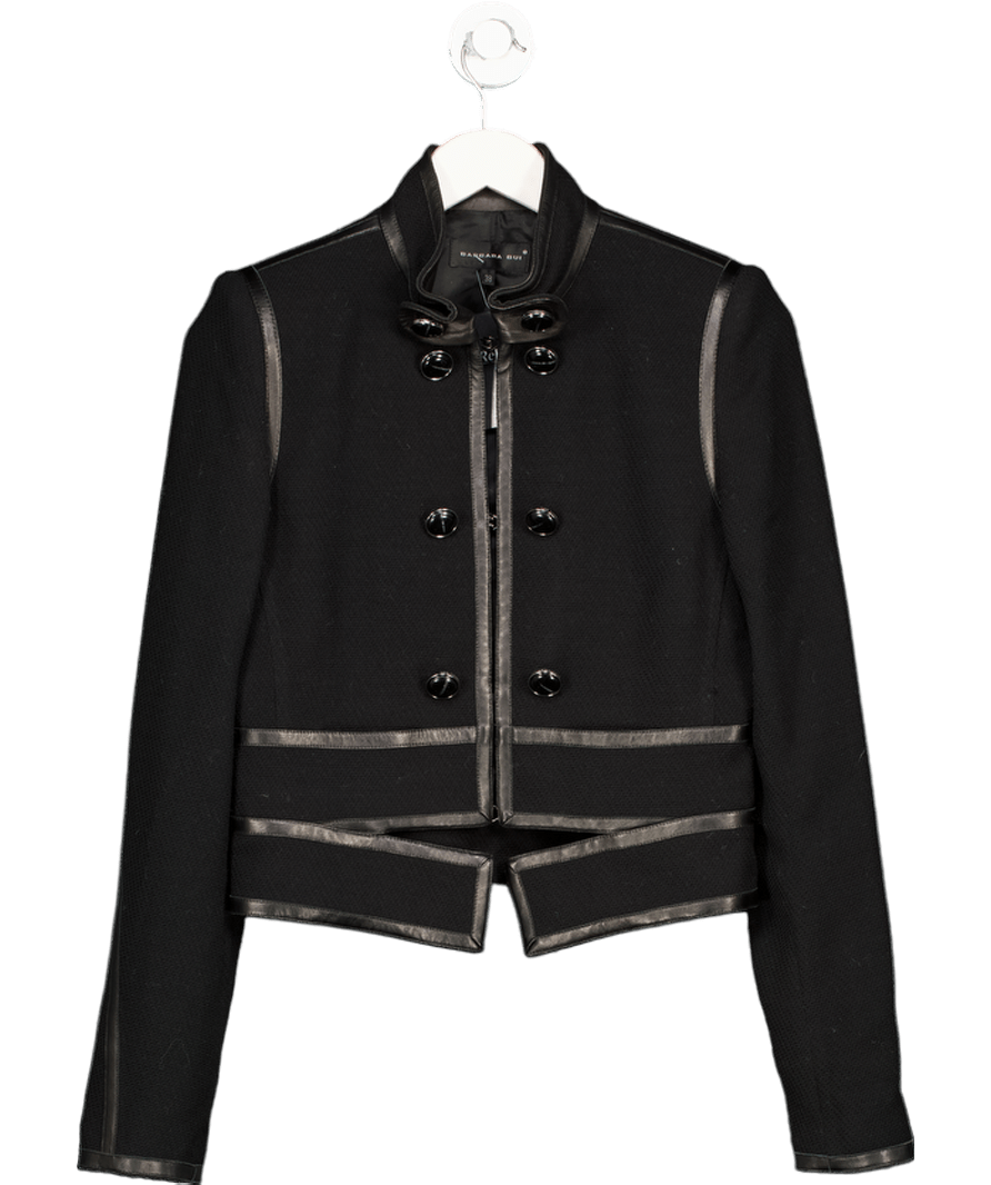 BARBARA BUI Black Tweed Military Style Jacket With Real Leather Trim Fr38 UK 10 - Reliked