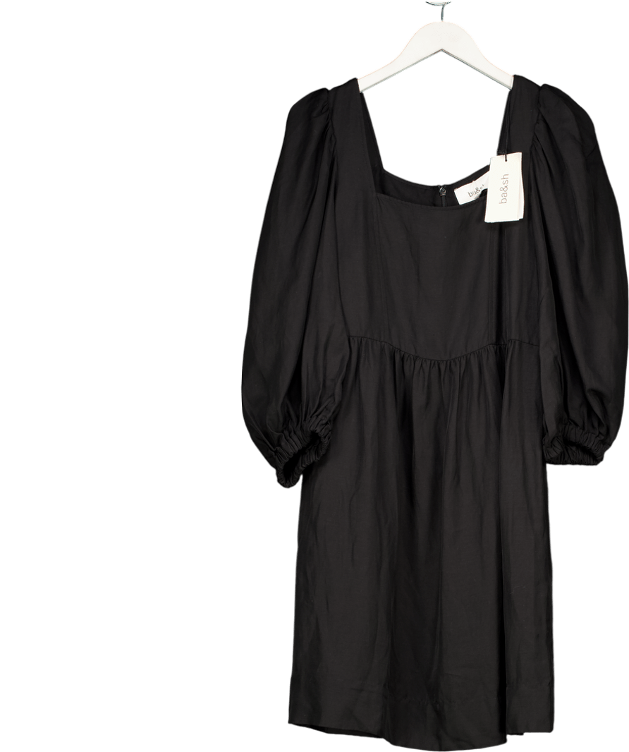 Ba&sh Black Palerme Linen Blend Gathered Slub Woven Mini Dress Sz2 UK 10 - Reliked