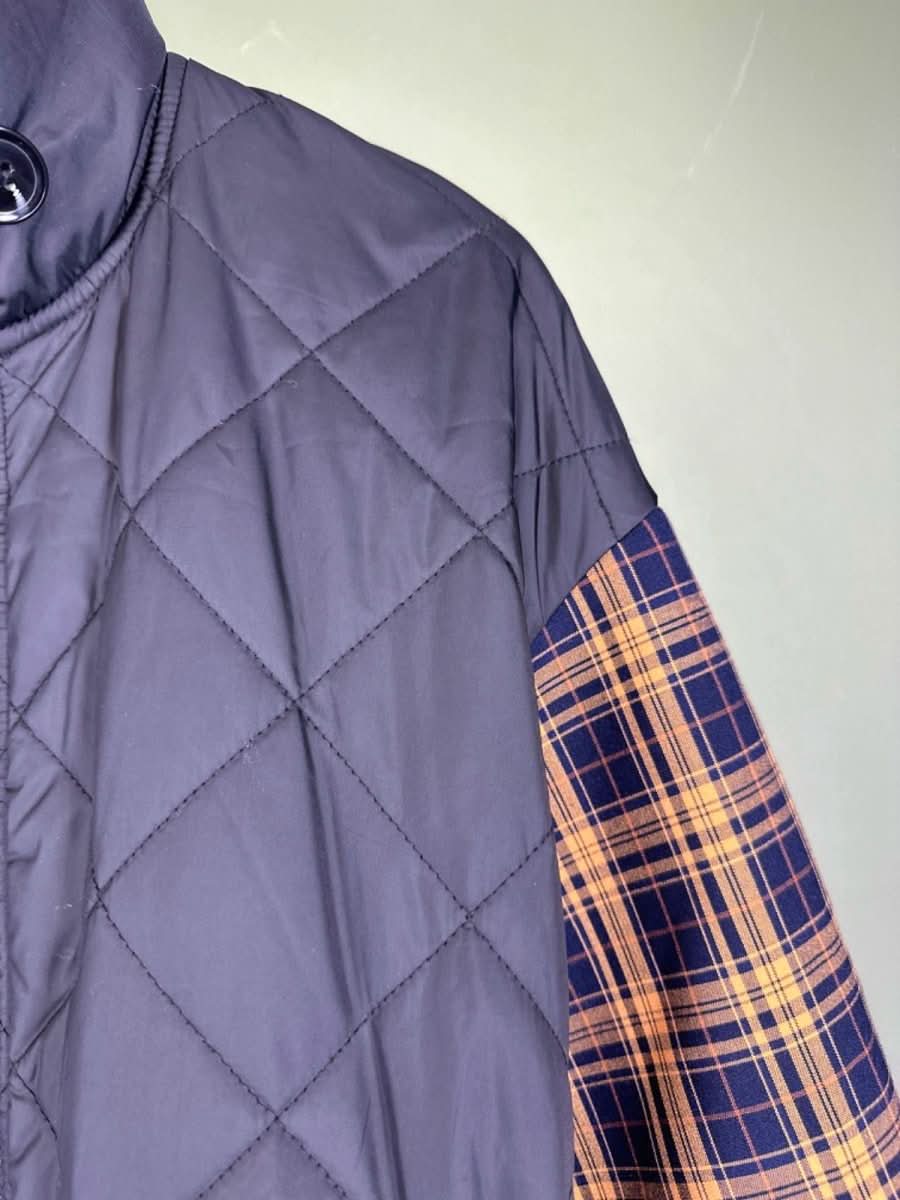 Baum Und Pferdgarten Black Quilted Long Coat Multicolour Plaid Sleeves UK M - Reliked