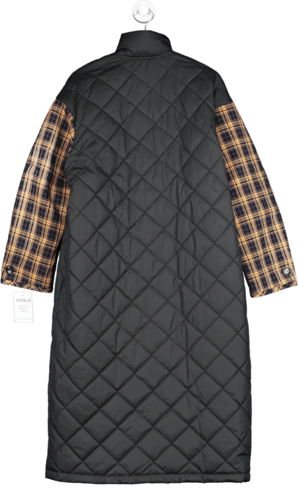 Baum Und Pferdgarten Black Quilted Long Coat Multicolour Plaid Sleeves UK M - Reliked
