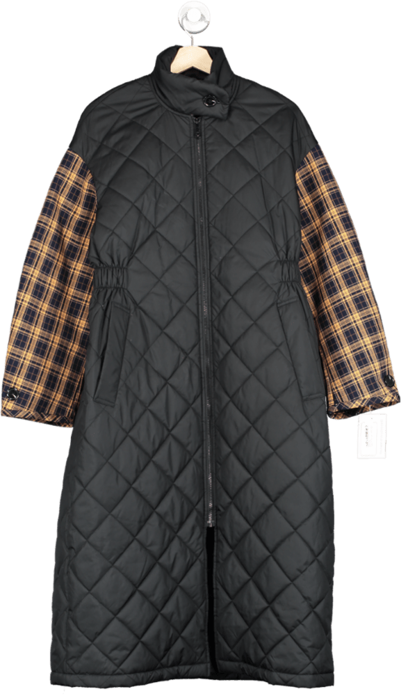 Baum Und Pferdgarten Black Quilted Long Coat Multicolour Plaid Sleeves UK M - Reliked