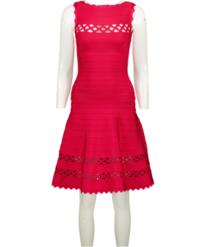 HERVE LEGER Red Fit & Flare Bandage Dress With Lattice Insert UK XXS