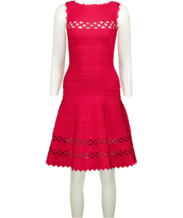 HERVE LEGER Red Fit & Flare Bandage Dress With Lattice Insert UK XXS