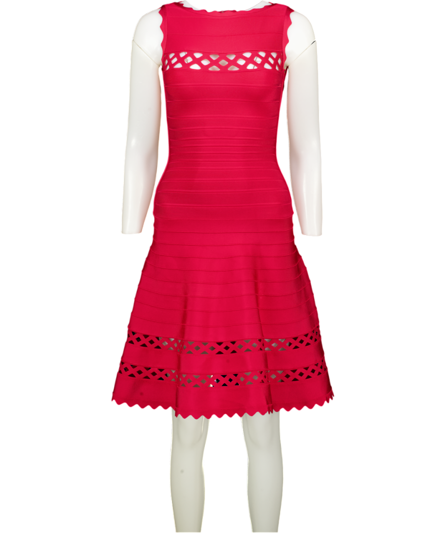 HERVE LEGER Red Fit & Flare Bandage Dress With Lattice Insert UK XXS