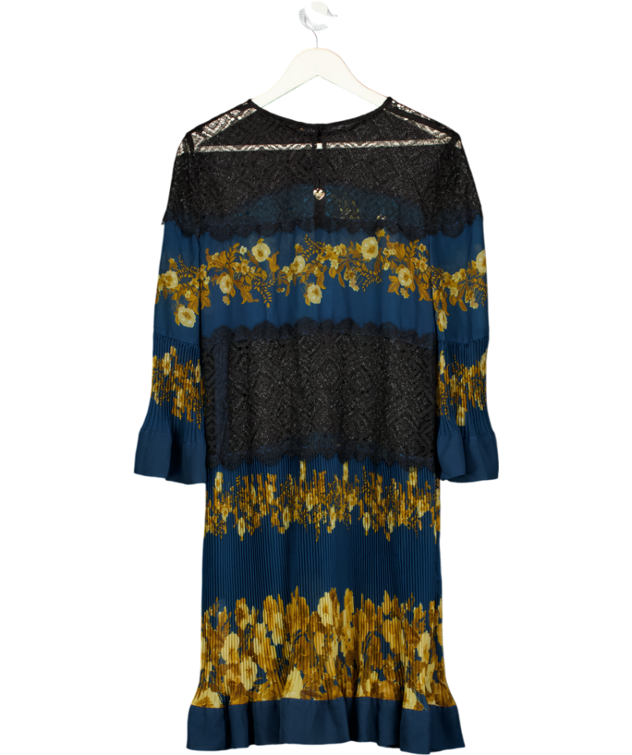 TWINSET MILANO Teal Blue Floral Tiered Dress With Black Lace Inserts It48 UK 16