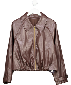 COMMENSE Brown Collared Zip-up Faux Leather Bubble Hem  Jacket UK S