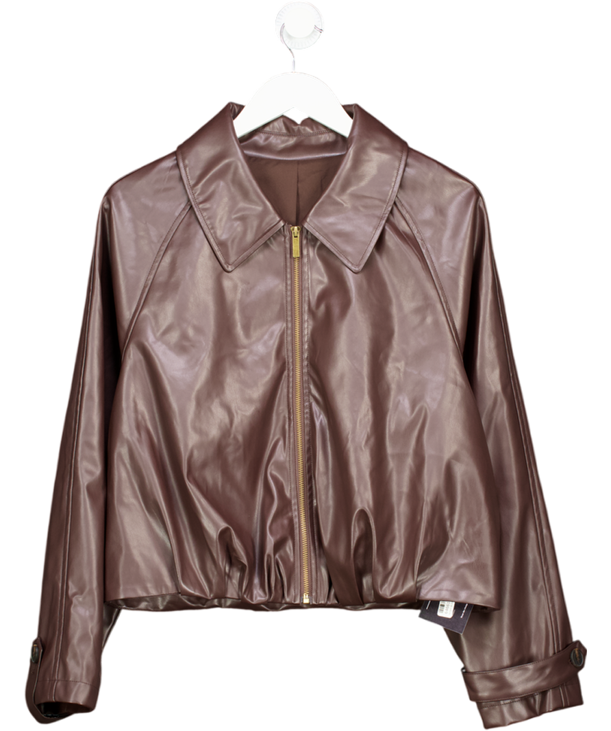 COMMENSE Brown Collared Zip-up Faux Leather Bubble Hem  Jacket UK S