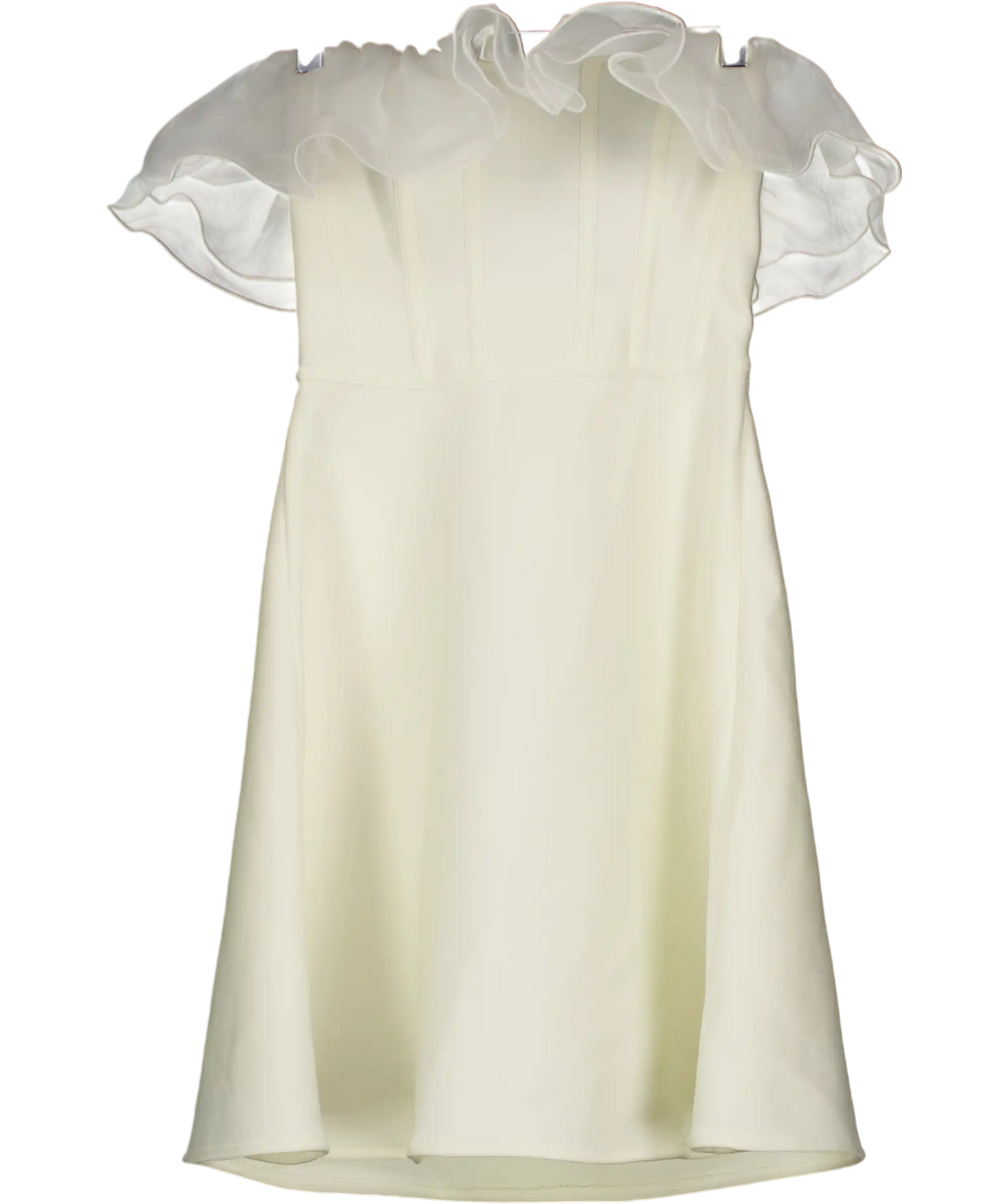 KAREN MILLEN Cream Figure Form Bandage Knit Organza Frill Detail Mini Dress UK XS