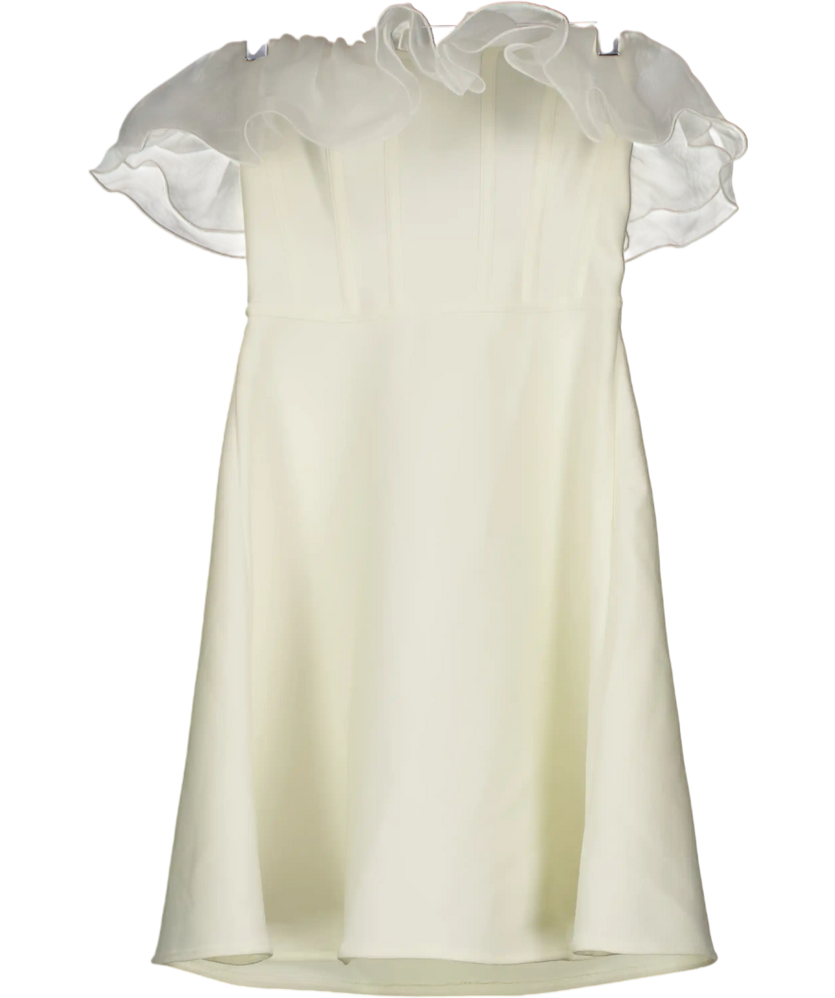 KAREN MILLEN Cream Figure Form Bandage Knit Organza Frill Detail Mini Dress UK XS