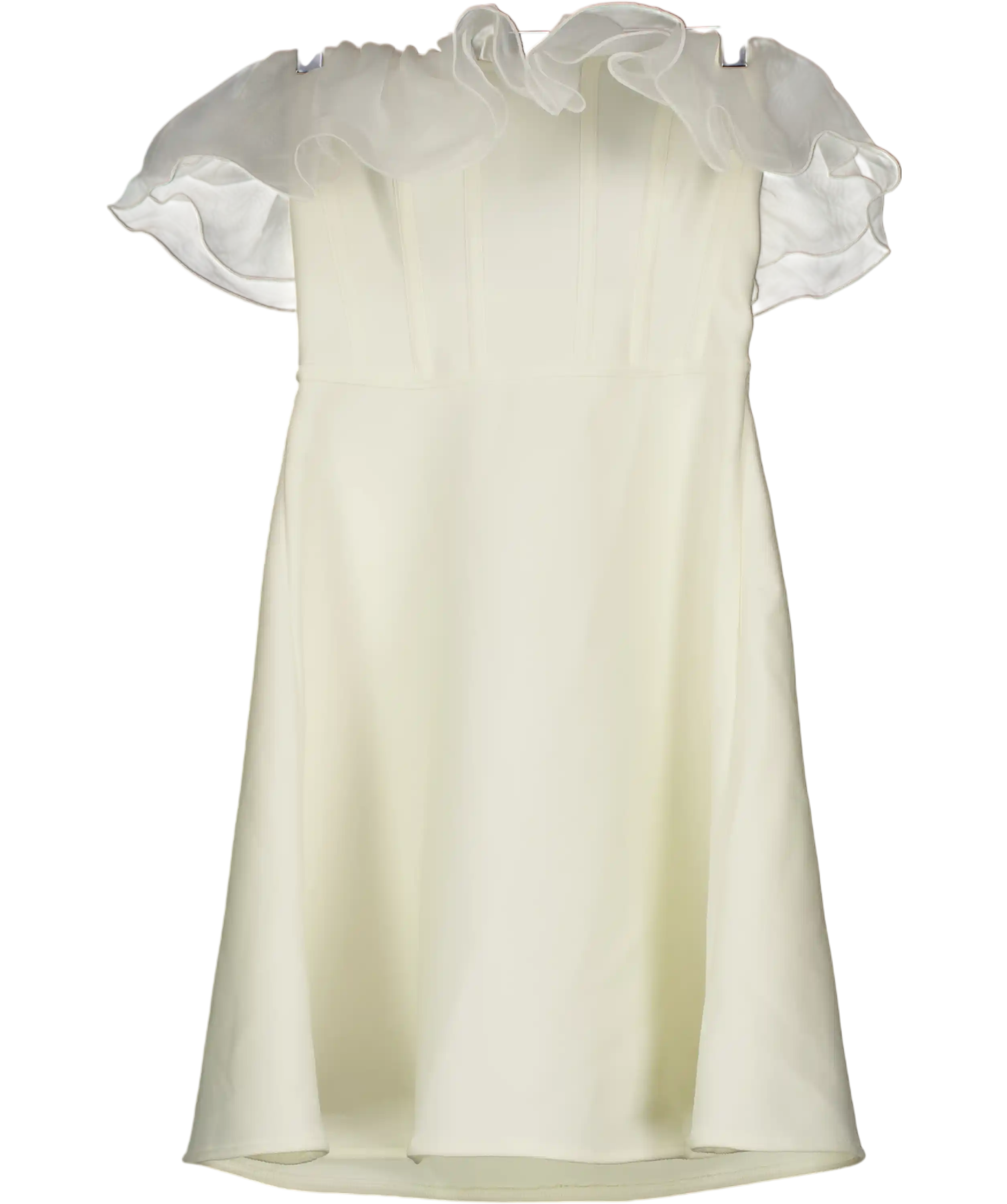 KAREN MILLEN Cream Figure Form Bandage Knit Organza Frill Detail Mini Dress UK XS