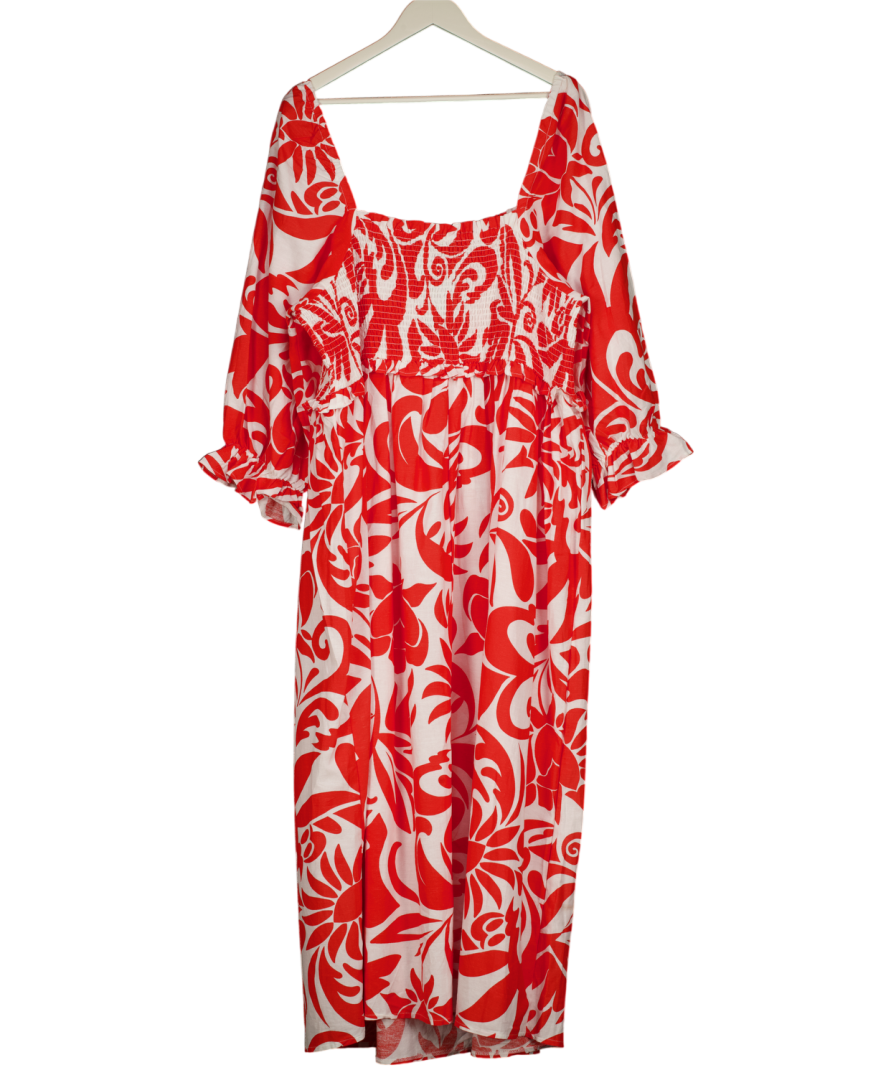 NEW LOOK Red Floral Linen Blend Shirred Maxi Dress UK 22