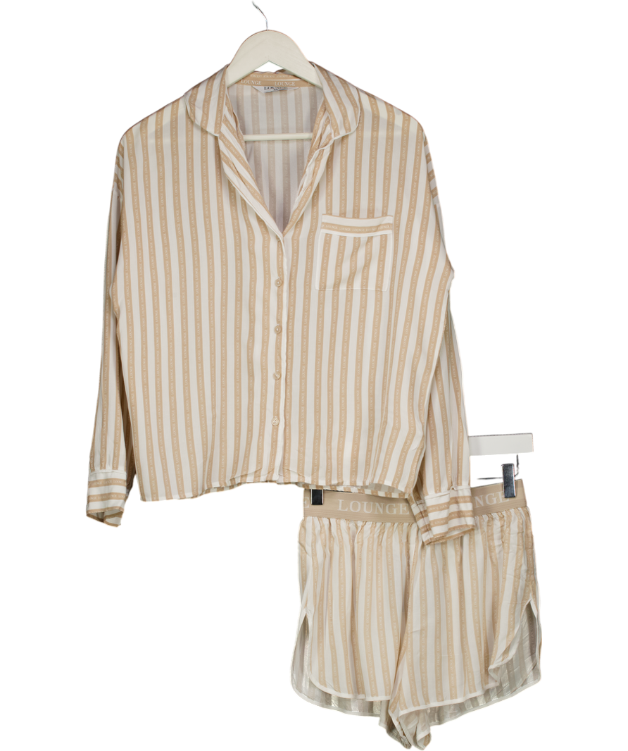 LOUNGE 2-piece Beige / White Striped Logo Pyjama Shirt And Boxer Set UK XS/S