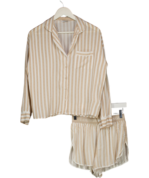 LOUNGE 2-piece Beige / White Striped Logo Pyjama Shirt And Boxer Set UK XS/S