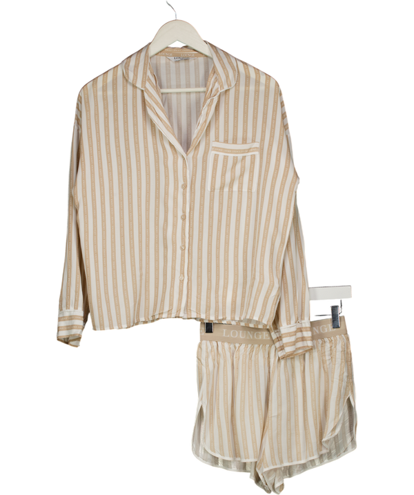 LOUNGE 2-piece Beige / White Striped Logo Pyjama Shirt And Boxer Set UK XS/S