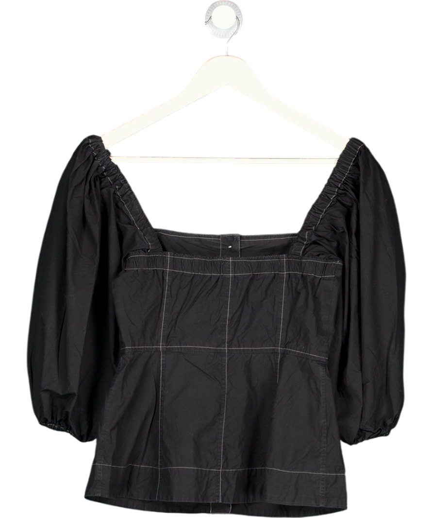 GANNI Black Contrast Stitch Puff Sleeve Top UK 6