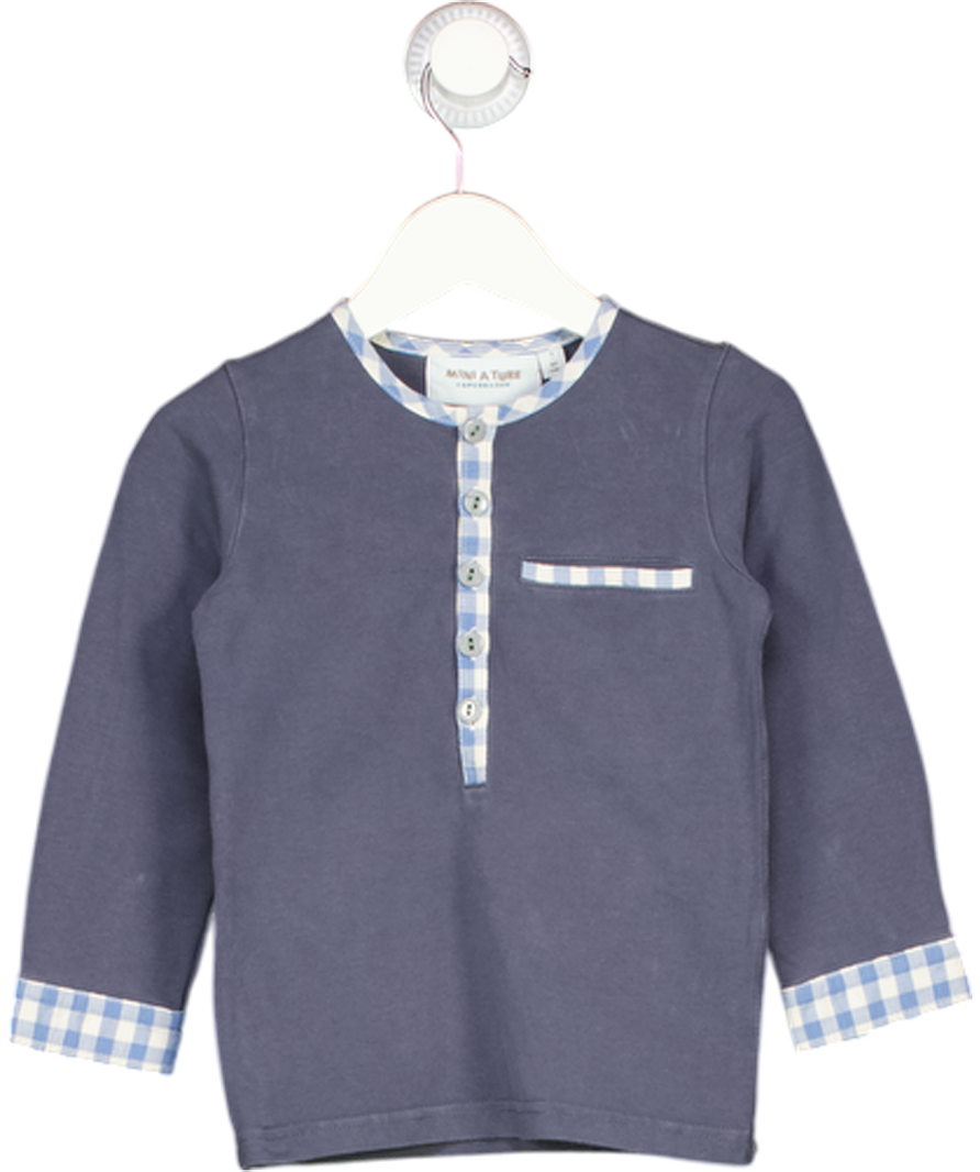 MINI A TURE  Blue Henley Long Sleeve Top Gingham Lined Trim 2 Years