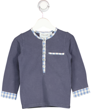MINI A TURE  Blue Henley Long Sleeve Top Gingham Lined Trim 2 Years