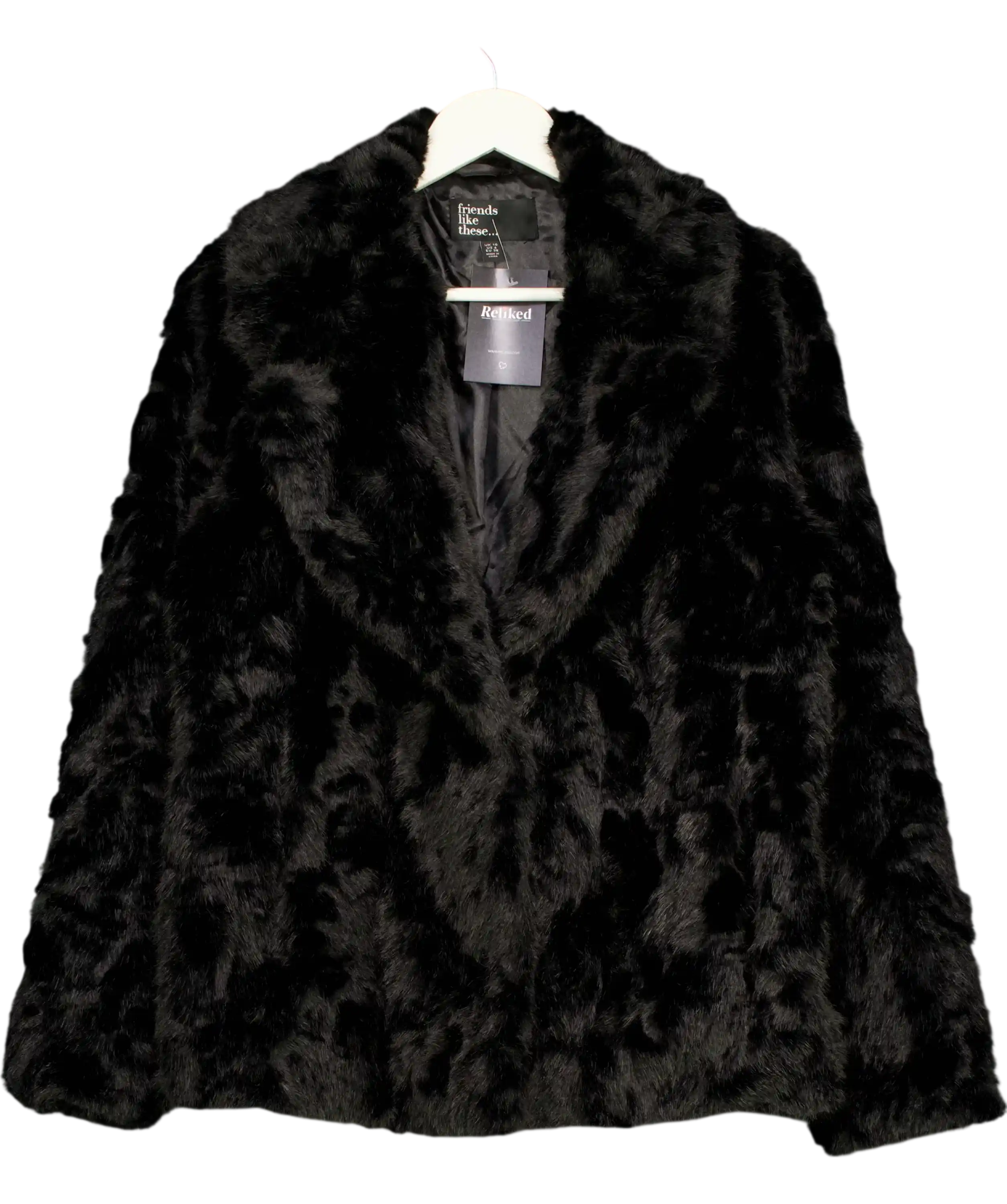 Friends like these Black Textured Faux Fur Mid Length Coat UK 10