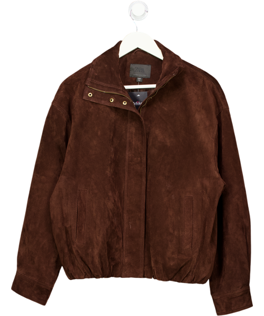ZARA Dark Brown 100% Suede Leather Jacket UK XS