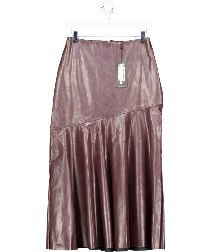 French Connection Dark Burgundy / Brown Kayleigh Faux Leather Fluted Midi Skirt UK 8