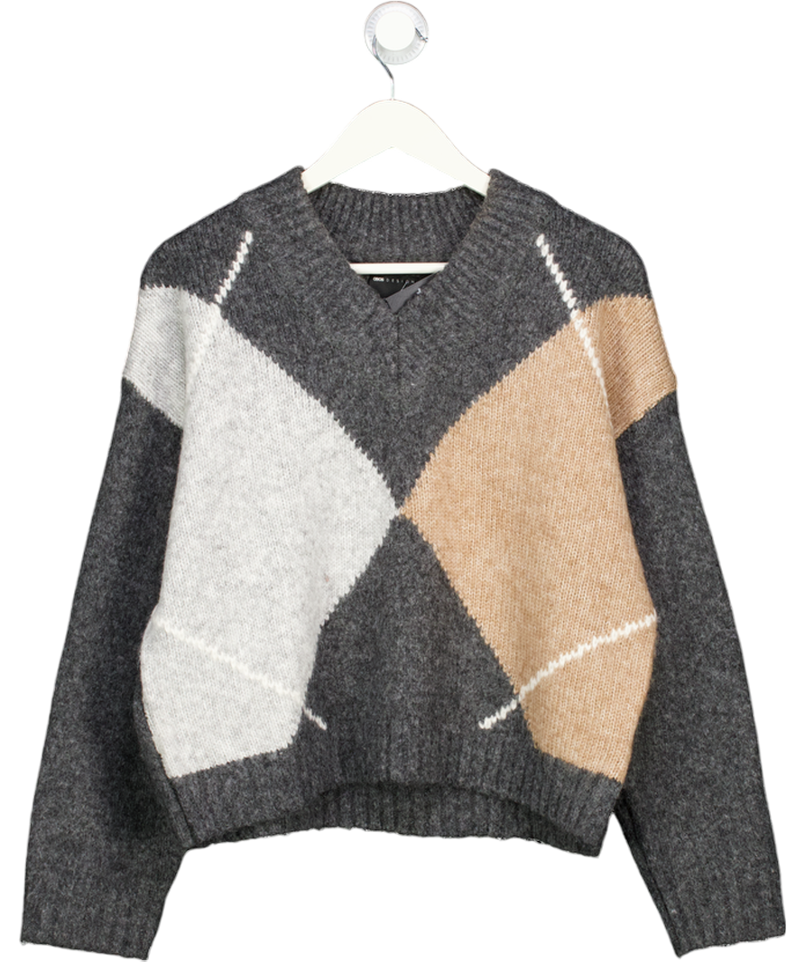 ASOS Grey Design Argyle High V Neck Jumper UK S