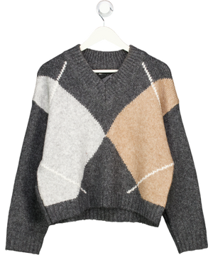 ASOS Grey Design Argyle High V Neck Jumper UK S