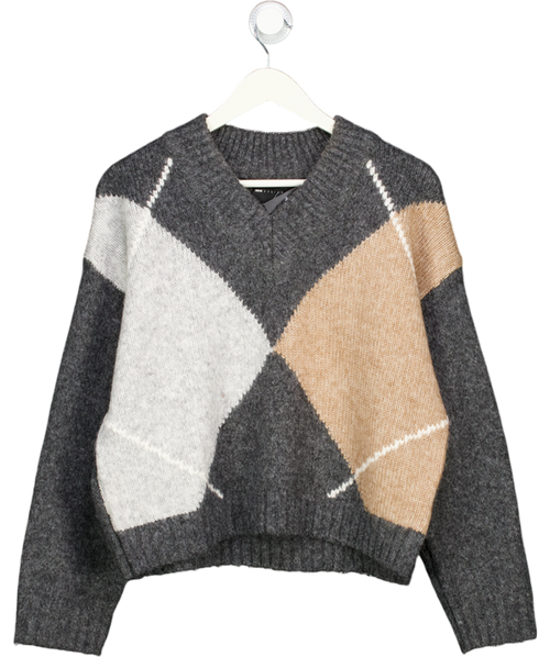 ASOS Grey Design Argyle High V Neck Jumper UK S