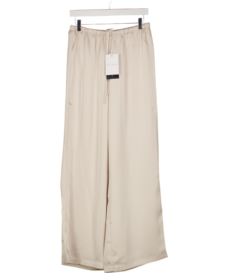 ELKA COLLECTIVE Cream Luxury Mina Satin Wide Leg Trousers UK 8