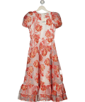 Dream Sister Jane White / Coral Willa Jacquard Woven Puff Sleeve  Midi Dress UK XS
