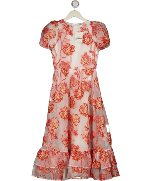 Dream Sister Jane White / Coral Willa Jacquard Woven Puff Sleeve  Midi Dress UK XS