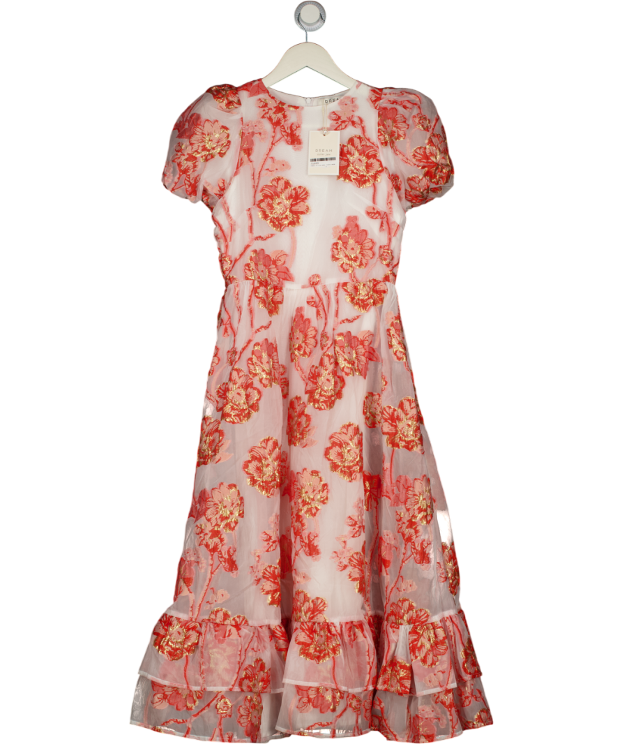 Dream Sister Jane White / Coral Willa Jacquard Woven Puff Sleeve  Midi Dress UK XS