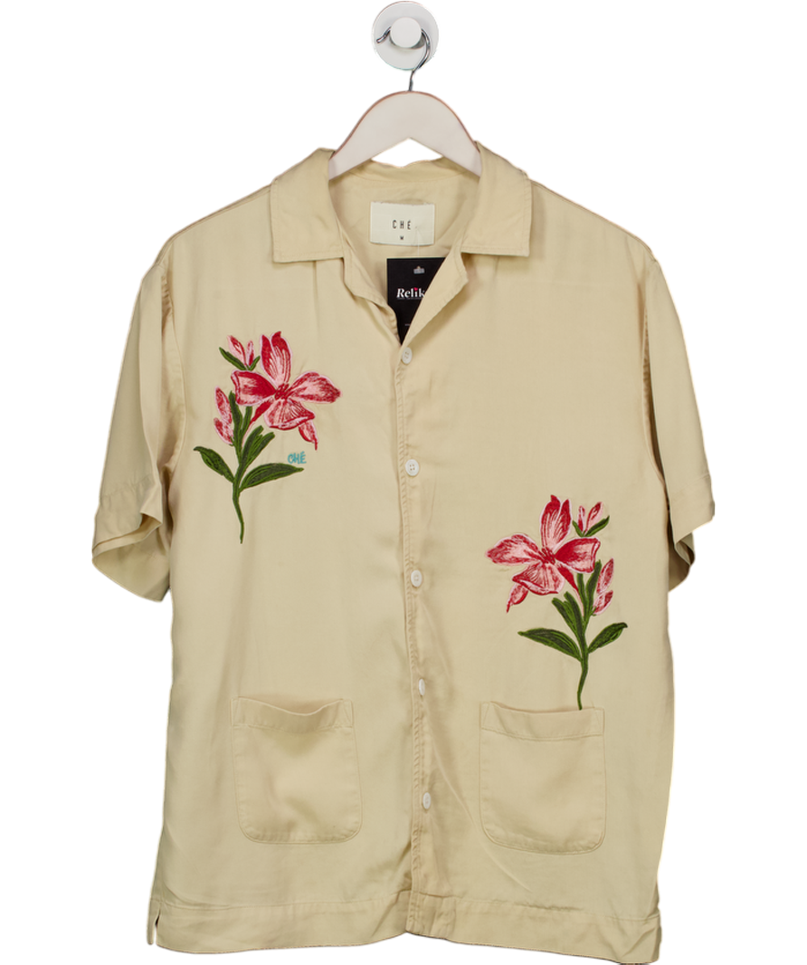Che Beige Lightweight Floral Embroidery Short Sleeved Shirt UK M