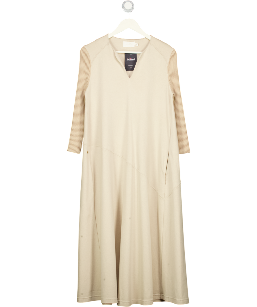 BAMFORD Beige Cotton / Cashmere Blend Midi Dress With Contrast Knit Sleeves UK S