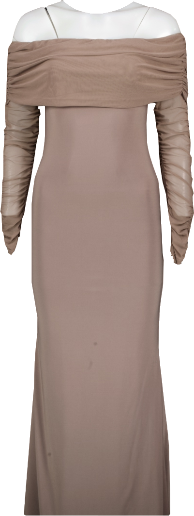 Club L Brown Madeleine Fishtail Maxi Dress With Bardot Mesh Long Sleeves UK 10